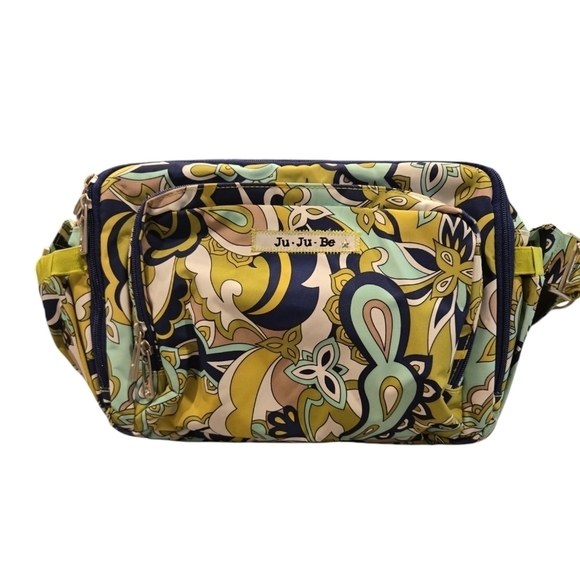 JU JU BE MESSANGER DIAPER BAG. GREEN, BLUE AND WHITE PAISLEY  AND FLORAL. - Picture 1 of 11